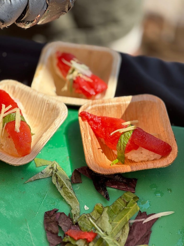 Nova Terra Plant Based Kitchen and Creamery offered vegan Tomato "Katsuo" Nigiri. Lisa Adams Walter photo