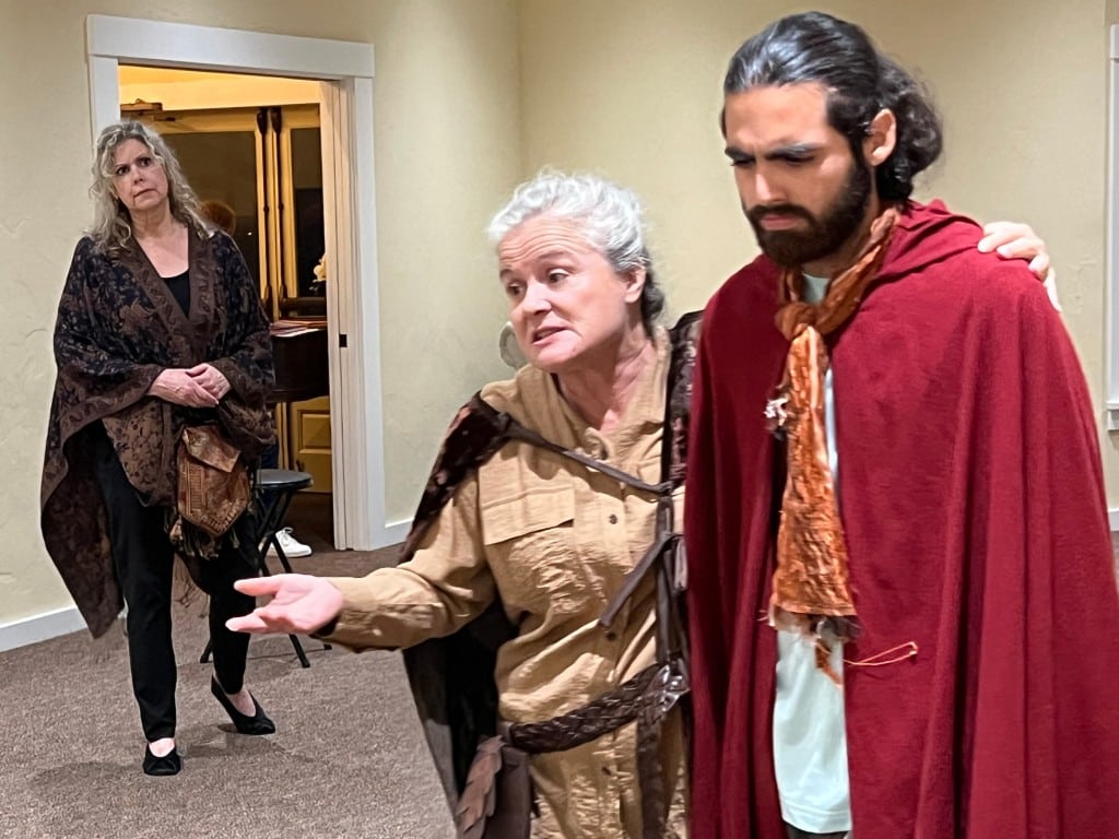Rhonda Bowen, June Alane Reif, and Luis Carbajal rehearse for "Rosencrantz and Guildenstern are Dead." Submitted photo
