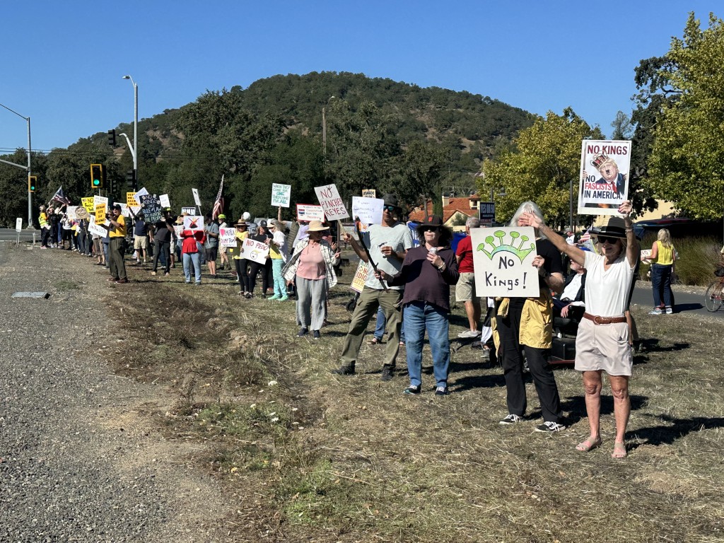Protesters gathered in northern Yountville for No Kings 2 on Oct. 18. Lisa Adams Walter photo