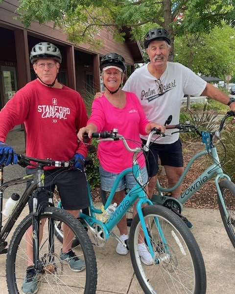 Rita Simke captured a Yountville moment of her Bella Vista Park neighbors Kitty and Larry Lorenz, who were joined by Kitty’s brother, Tom Boeddiker (in the red Stanford shirt) who rode up from Napa to join them for some outdoor exercise.