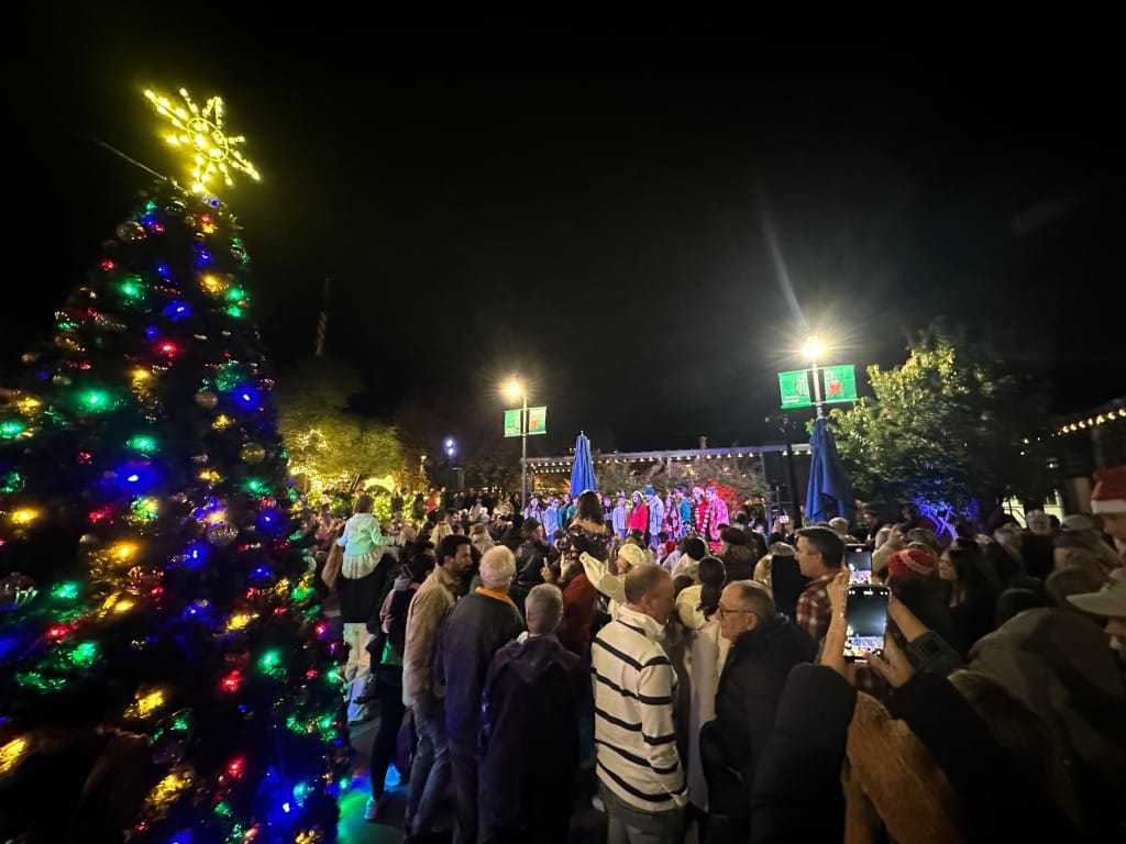 The Yountville Town Tree was fully lit, as the Napa High School Vocal Workshop performed their final set of a capella tunes. Lisa Adams Walter photo