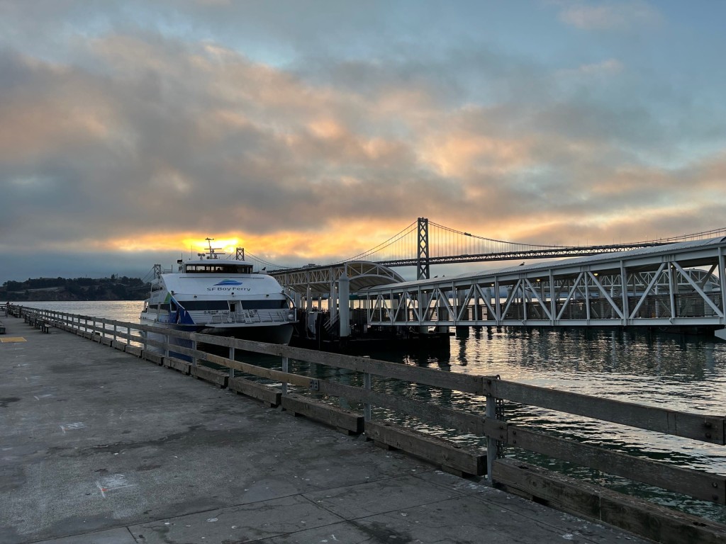 The San Francisco to Vallejo ferry prior to departure, with the Bay Bridge as a backdrop. John Schminky photo