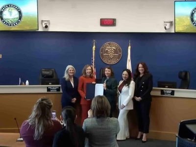 Napa County Supervisor Amber Manfree, third from left, on Tuesday was named chair of the board for 2026. Supervisor Anne Cottrell, second from left, received a proclamation to thank her for her services as chair for the year 2025. Also present were Supervisor Joelle Gallagher, first from left, and Belia Ramos, second from right and Liz Alessio, first from right. Alessio was named vice chair. Napa County video image capture