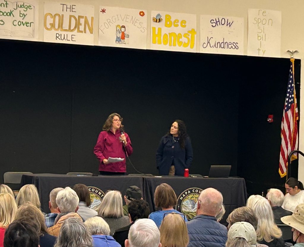 Supervisors Amber Manfree, left, Belia Ramos, right, on Nov.19 led a listening session at Alta Heights Elementary School during which neighbors raised their frustration at the flight path that has planes fly over their houses. The item remains a top issue. The Board of Supervisors in November approved about $185,000 to have a consultant reach out to federal officials in order to have other flight paths published and avoid residential neighborhoods like Alta Heights. Alta Heights is in Manfree's supervisorial district. It used to be in Ramos' district. Kerana Todorov photo
