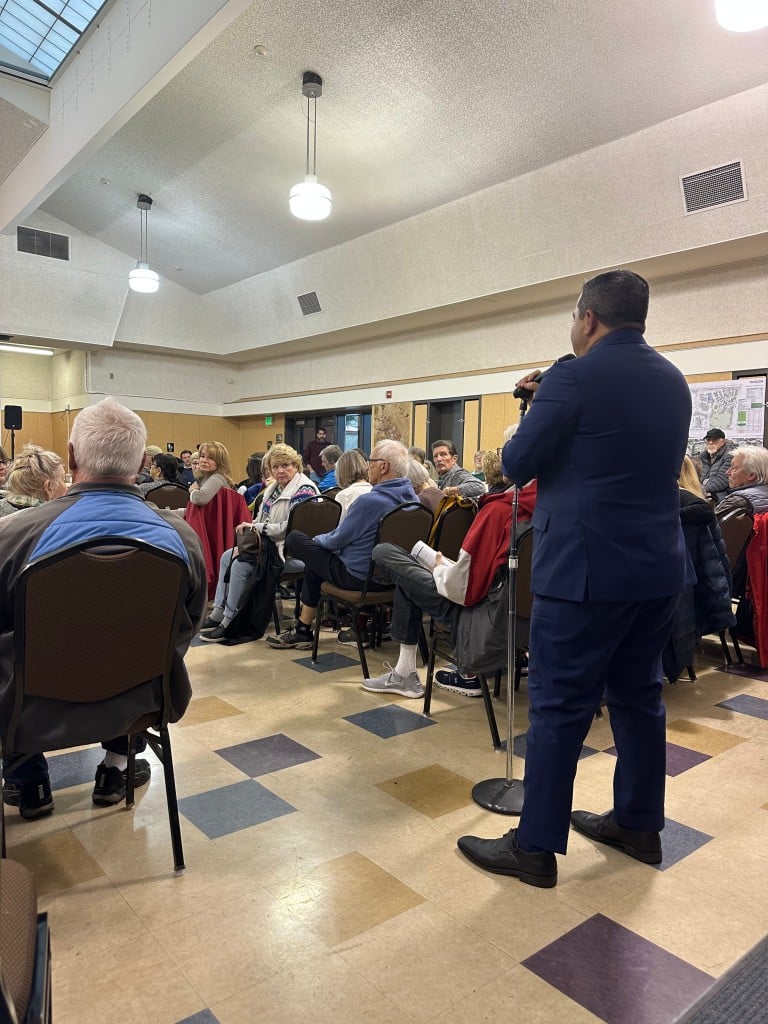 French Laundry General Manager Michael Minnillo, at the mic asked questions at the Yountville Town Council Study Session on Feb. 17, 2026. Lisa Adams Walter photo