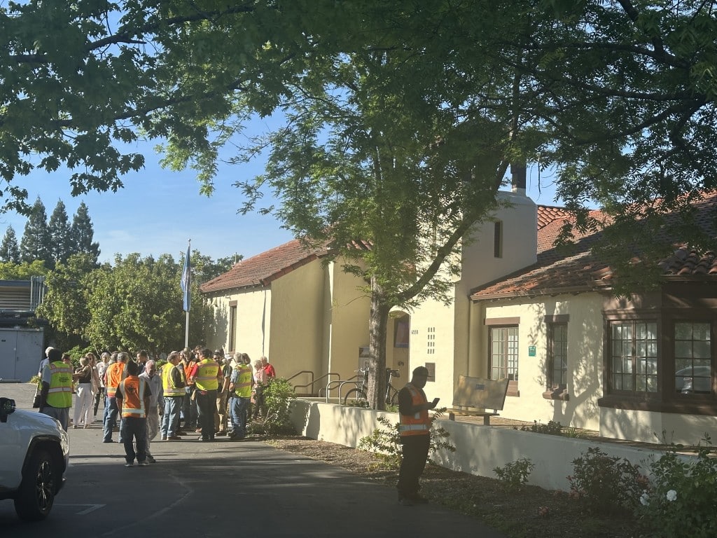 Attendees, including many North Coast Carpenters Union reps, gather outside Yountville Town Hall following the public comment and council decision session of the Town Council meeting on April 7. Lisa Adams Walter photo