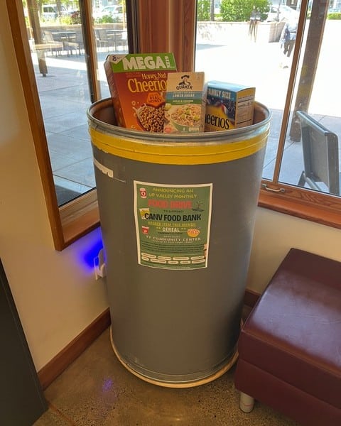 Community Action Napa Valley has established a food drive for the CANV Food Bank. This barrel is located within the Yountville Community Center. Kimberly Cook photo