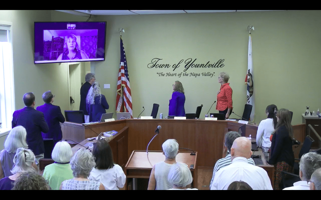 Attendees recite the Pledge of Allegiance at the July 21 Yountville Town Council Meeting. Town of Yountville video screenshot