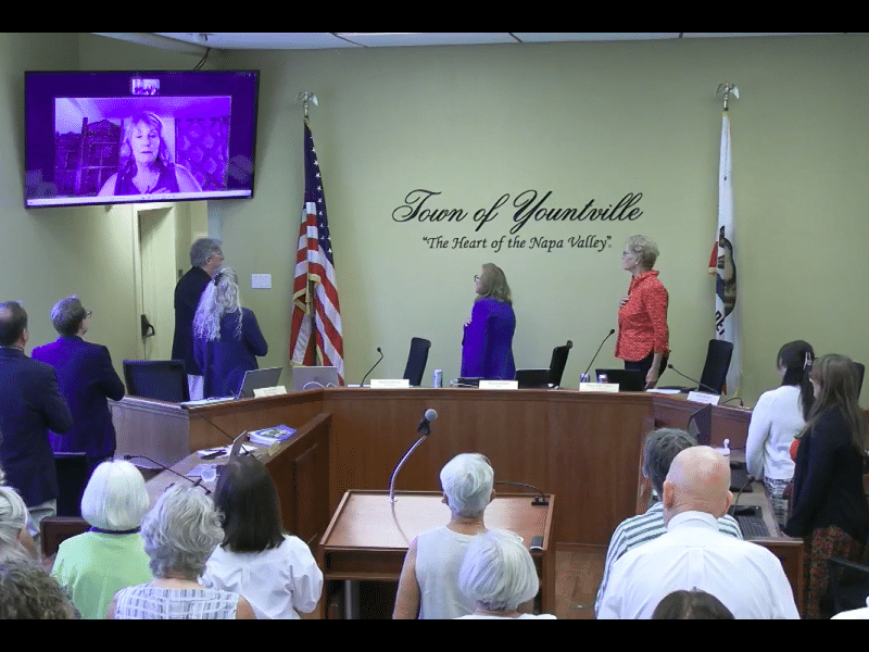 Attendees recite the Pledge of Allegiance at the July 21 Yountville Town Council Meeting. Town of Yountville video screenshot