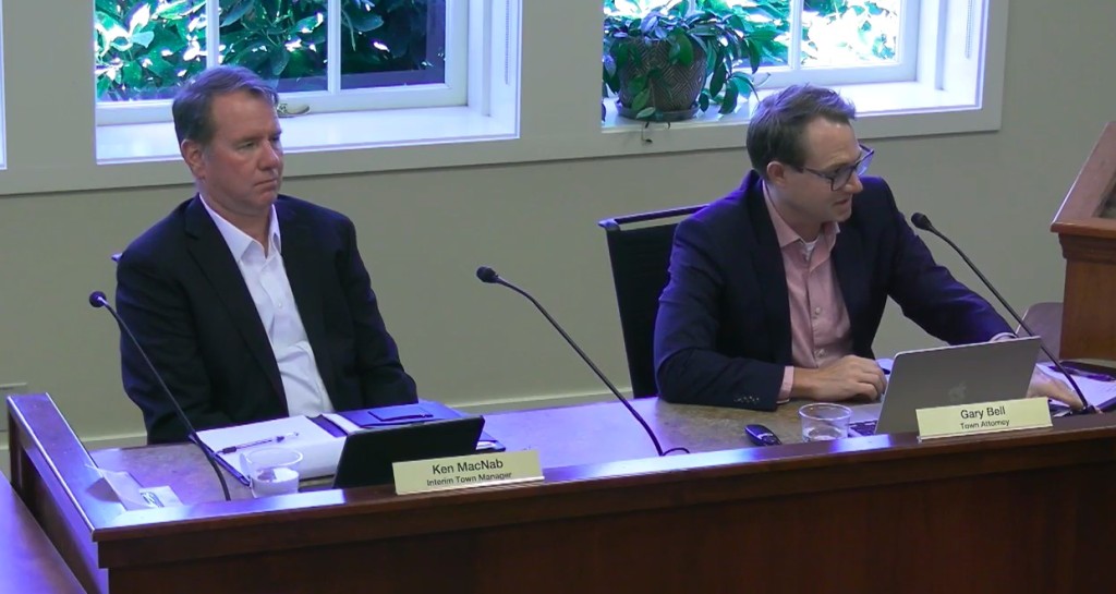 Yountville Town Attorney Gary Bell, right, speaks about the Brad Raulston severance. Town of Yountville video screenshot