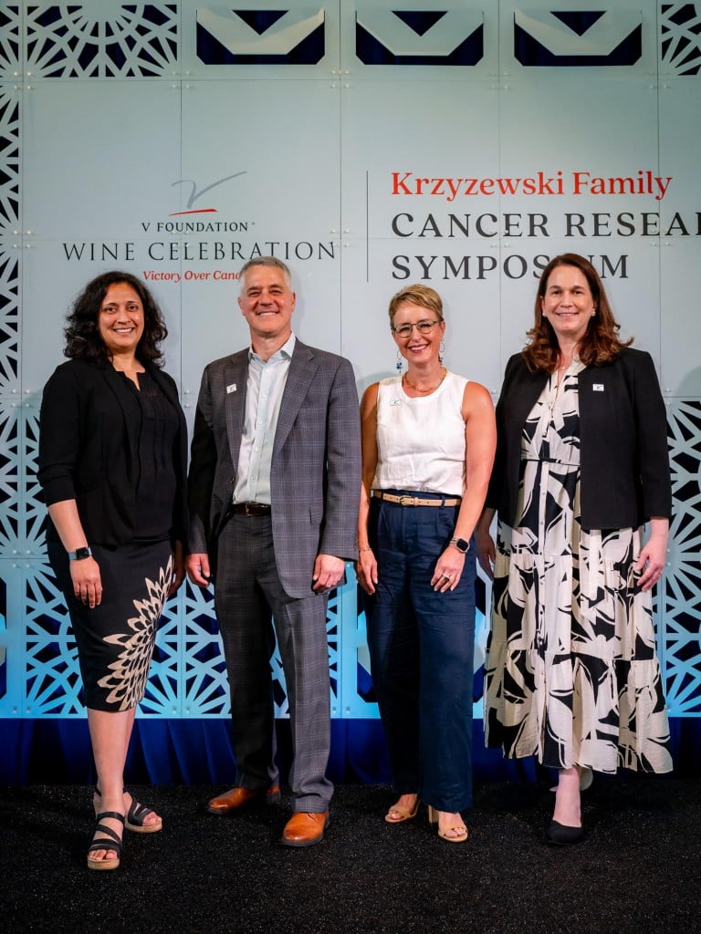 Beginning left, Ami S. Bhatt, M.D., Ph.D.; Robert Canter, M.D.; V Foundation Chief Scientific Officer Susanna F. Greer Ph.D.; and Shannon Stott, Ph.D.; at the Krzyzewski Family Cancer Research Symposium at The Estate Yountville. V Foundation photo