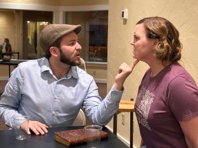 Cameron Oyen and Tara Rokstad rehearse for Night Must Fall. Rhonda Bowen photo