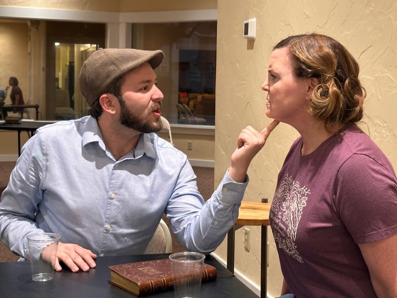 Cameron Oyen and Tara Rokstad rehearse for Night Must Fall. Rhonda Bowen photo